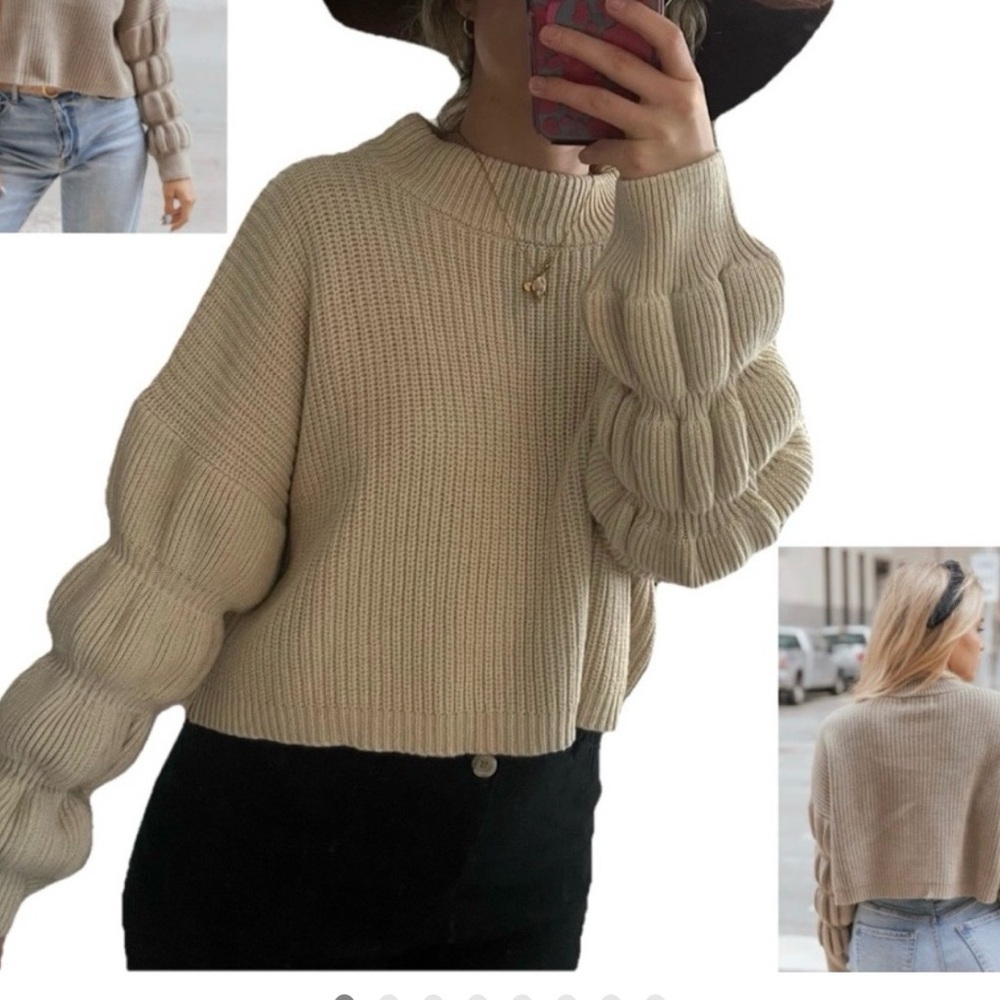 Miou Muse Chunky Knit Balloon Sleeve Cropped Sweater Beige Neutral Women's SZ S